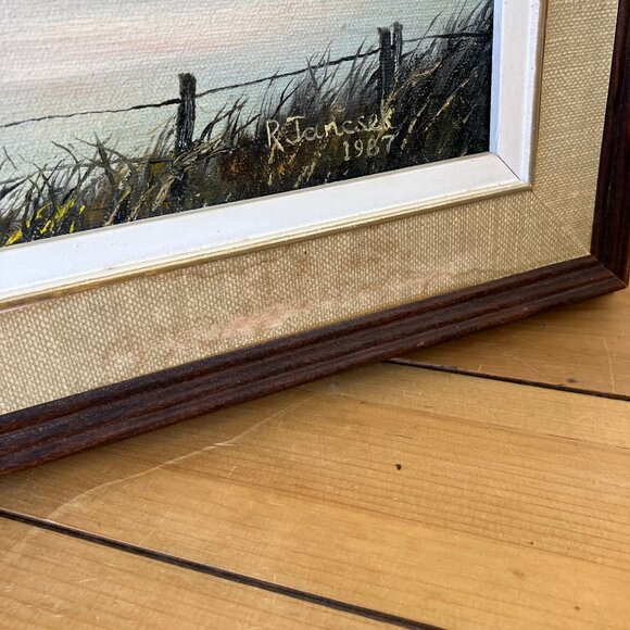 Prairie Grain Elevator Pond Landscape Framed Oil Painting Vintage 1987 R Jancsek - Picture 3 of 6